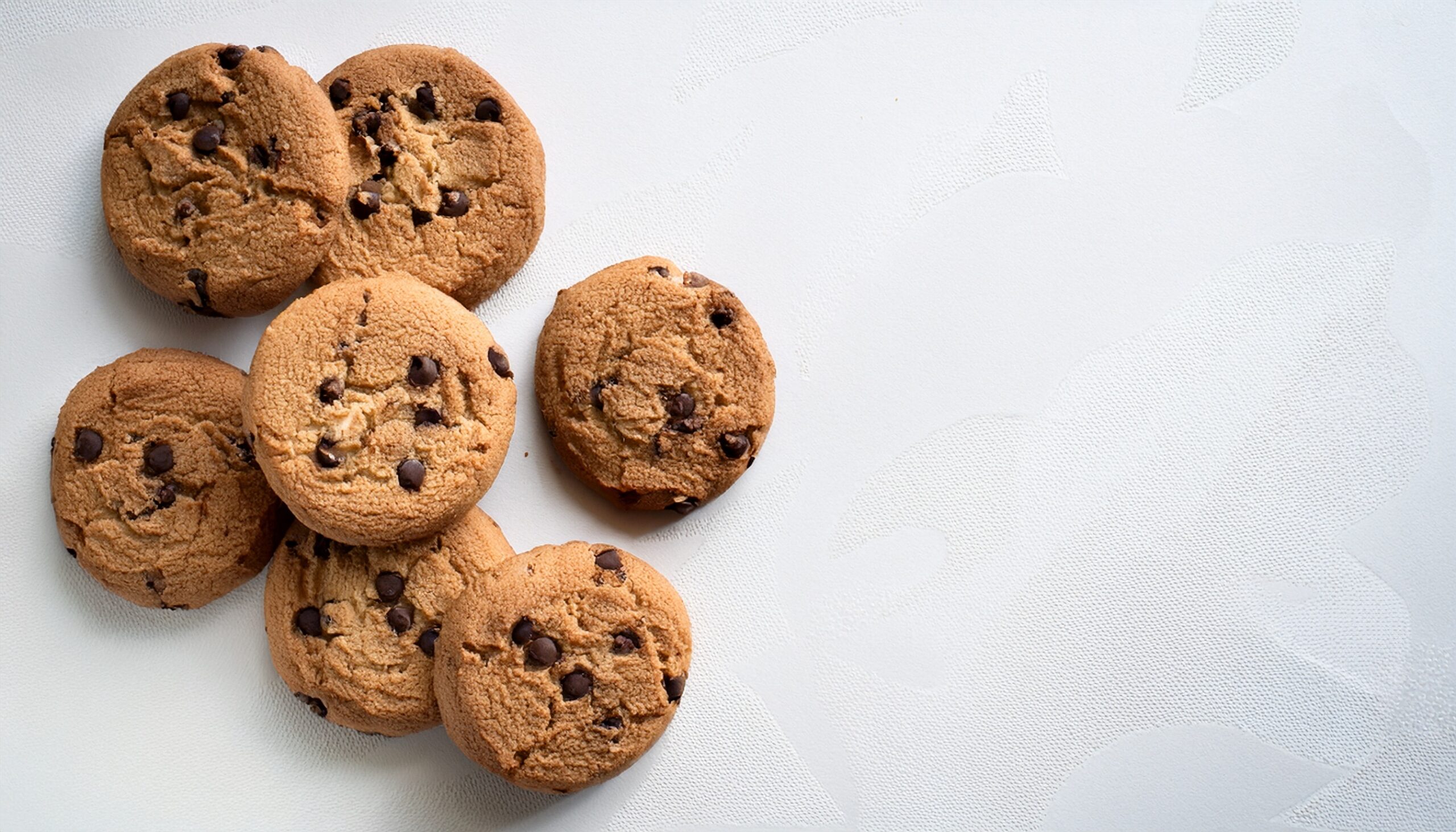homemade chocolate chips cookies on white background in top view space for text